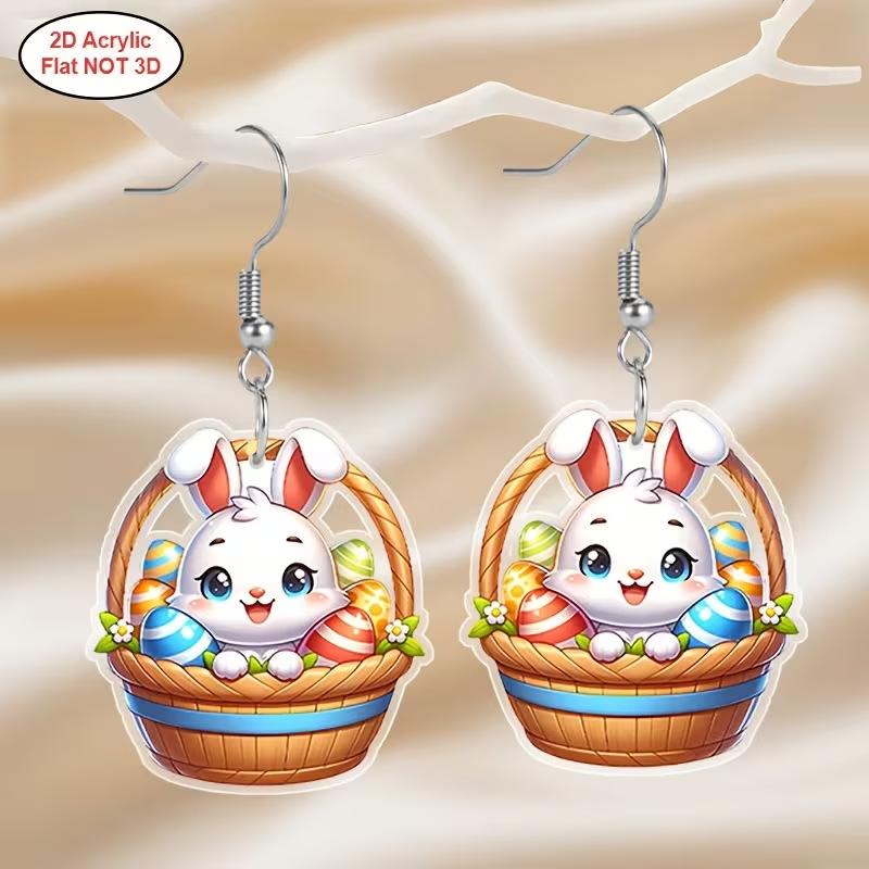 New White Rabbit Earrings 2D Acrylic Creative Rabbit Sitting in Basket with Colored Easter Egg Earrings