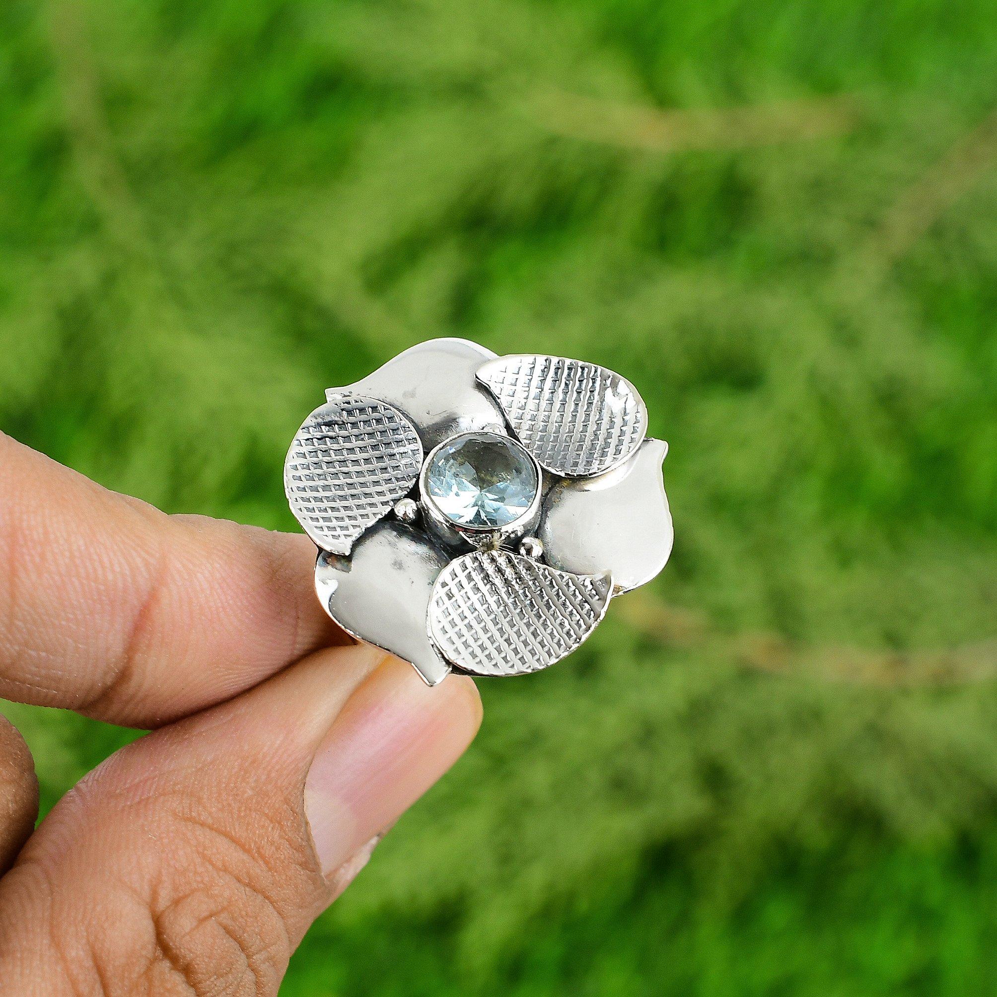 

Подарок для нее Кольцо-обещание из серебра 925 пробы с натуральным швейцарским голубым топазом в виде цветка, регулируемое Adjustable