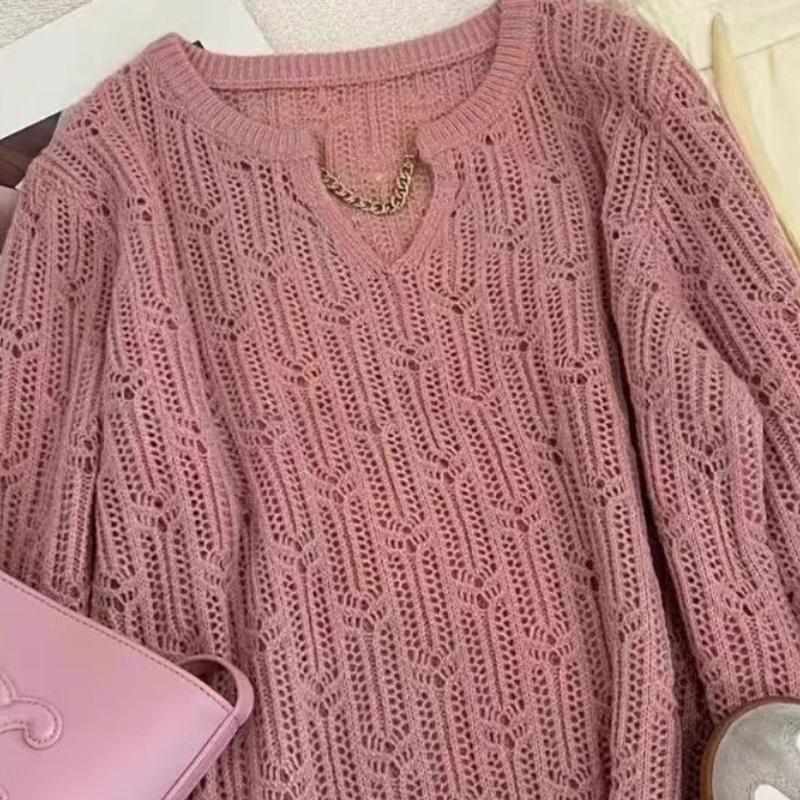 

Осенний однотонный полый V-образный вырез свободный и ленивый стиль вязаный свитер для женщин в верхней одежде 2XL розовый