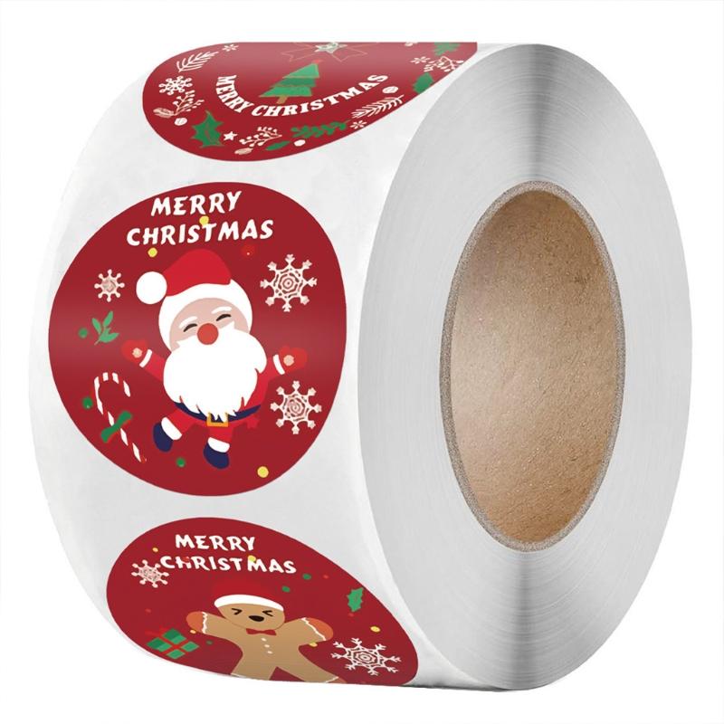 Roll of 500Pcs Classic Red Christmas Sticker Christmas Cards Gift Box Decorations Sealing Adhesive Label Xmas Supplies