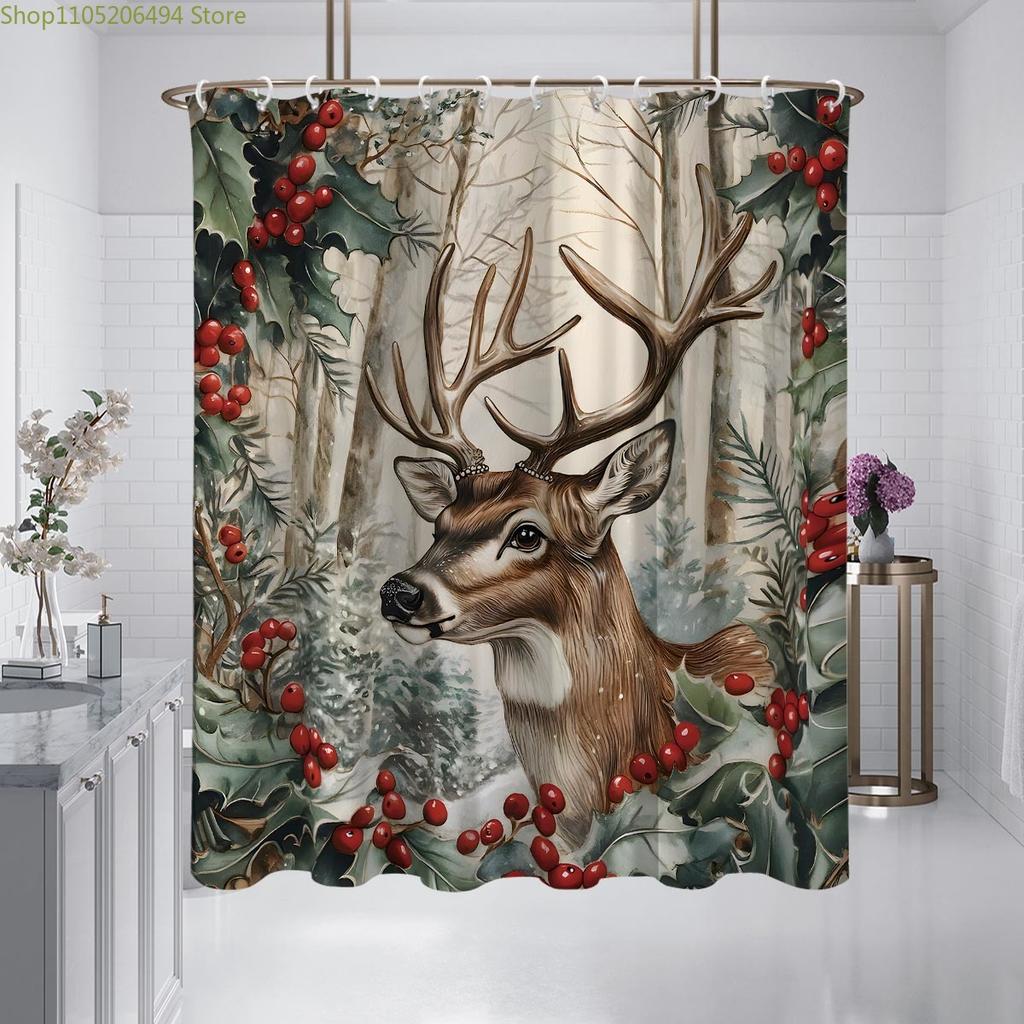 1pc Christmas Reindeer Print Waterproof Shower Partition Privacy Hanging Curtain with 12 Hooks, Multiple Sizes, Machine Washab