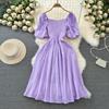 Fashion Dress for Women Square Collar Puff Sleeve A-line Floral Texture Vestido Womens Solid Color Folds Dresses Summer Dropship