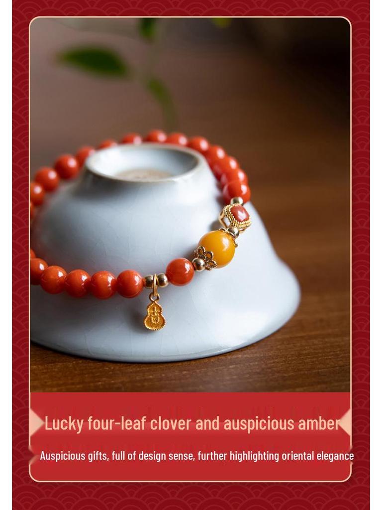 Red Agate & Amber Beaded Bracelet with Ruby Four-Leaf Clover for Women