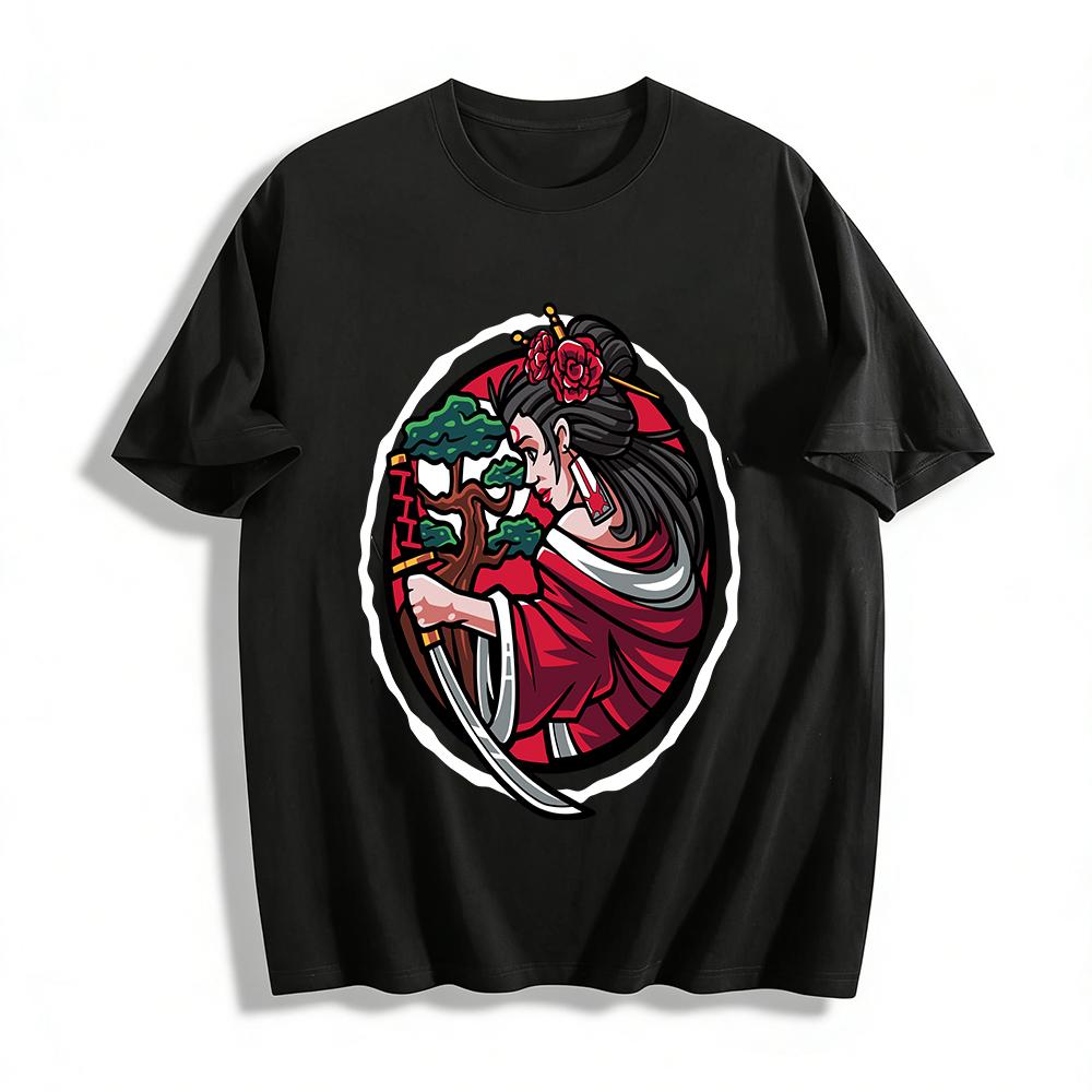 Japanese Geisha With Katana Print Retro Cultural Casual T-Shirt Pure cotton T-shirt XXS