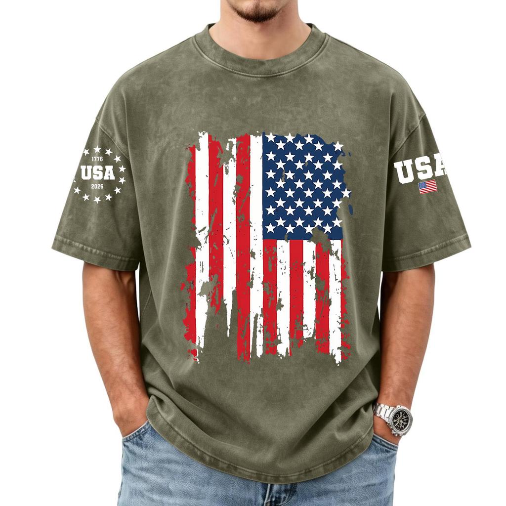 Men's Loose And Casual Flag-print T-shirt, Short Sleeve Shirt