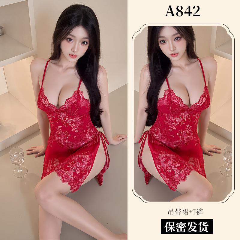 New Sexy Underwear Women's Sexy Lace Suspender Skirt Lace-up Nightdress Uniform Temptation European and American Pajamas A