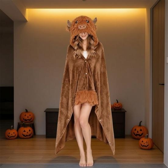 Manta Acondicionada Acogedora Sudadera Portátil de Halloween, Capa de Vaca de las Highlands con Capucha, Suave Regalo para Ella Perezoso de Peluche Capa de Gato Negro Ropa de Casa para Mujer
