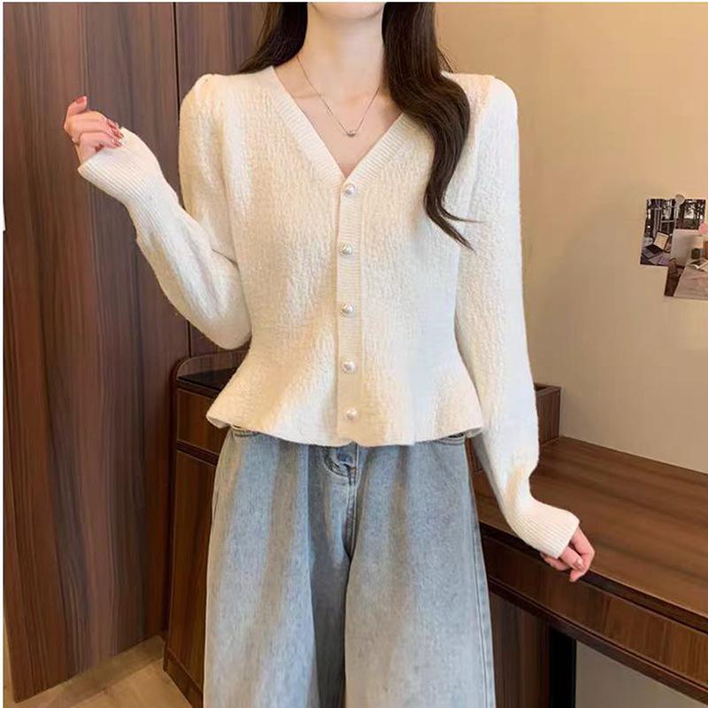 Spring Mermaid Hem Knitted Cardigan Top Women's New Korean Fashion Long Sleeved Pearl Buckle V-neck Sweater Jacket Women