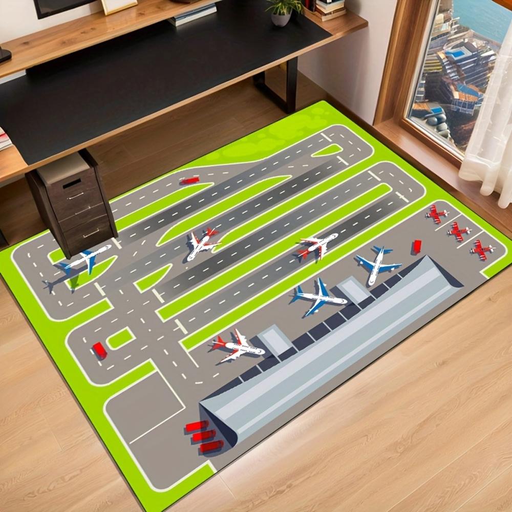 Airplane Runway 2D Print Area Rug Flannel Washable Floor Mat for Kids Bedroom Playroom Living Room Aviation Theme Home Decor