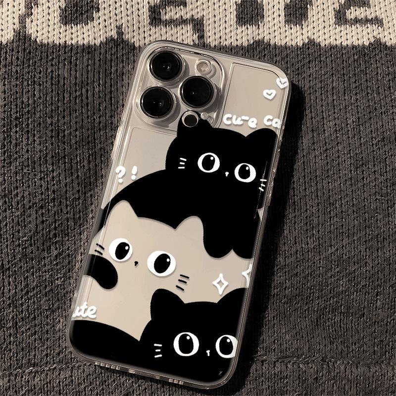 Black & White Cat Phone Case for iPhone 12-17 Pro Max, Transparent & Soft