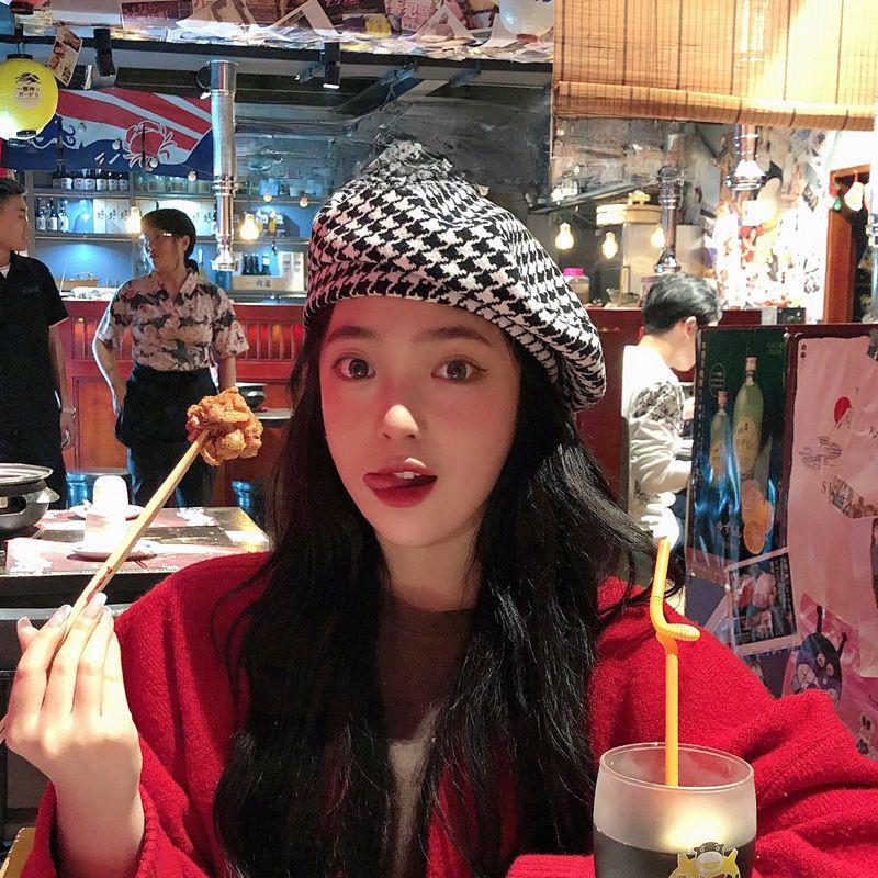 Houndstooth Comfortable Womens Beret Trendy And Stylish Cotton Flat Top Hat