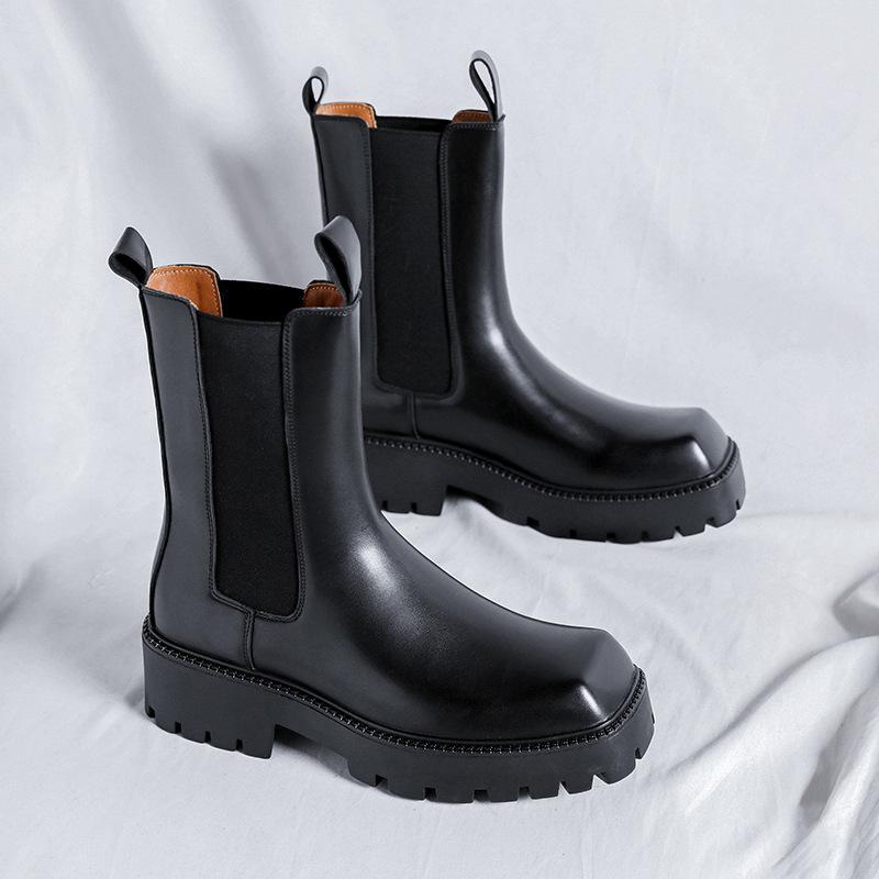 Herremote scene nattklubb høye chelsea boots firkantet tå ekte skinnsko cowboy plattformstøvel kul lang motorsykkel botas