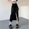 Damen Vintage High Waist A-Linien Denim Midi-Rock mit Fransen-Saum und Trendy Schlitz