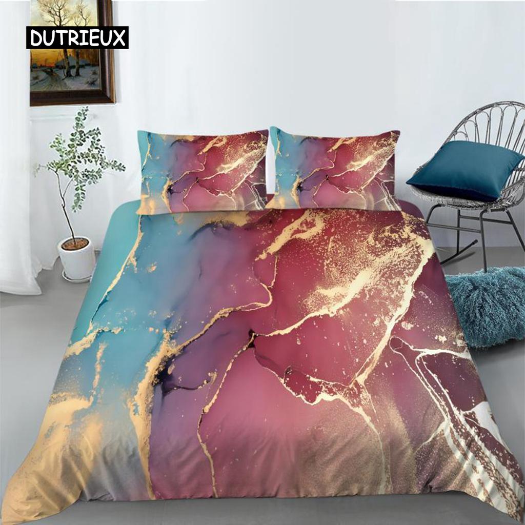 Marble Duvet Cover Set Pink Printed Queen Size Bedding Set Polyester Abstract Print Decor Golden Comforter Cover for Girls Teens