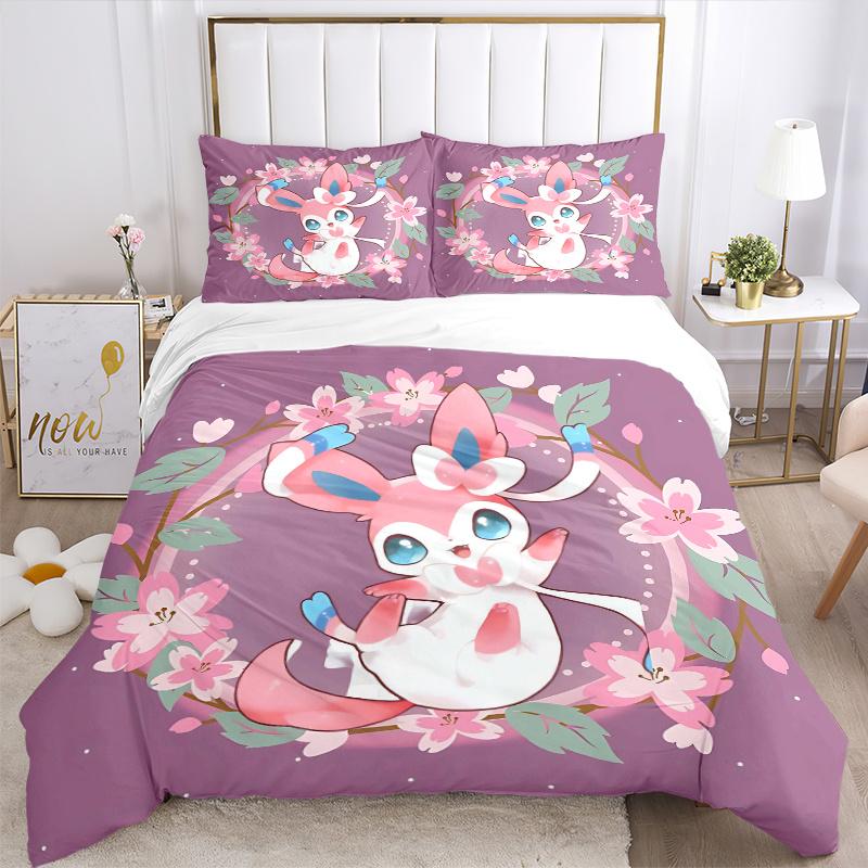 3pcs Sylveon Bedding Set - Includes 1 Quilt Cover and 2 Pillowcases, Comfortable Bedding with Stylish Design for Bedroom, Machine Washable -