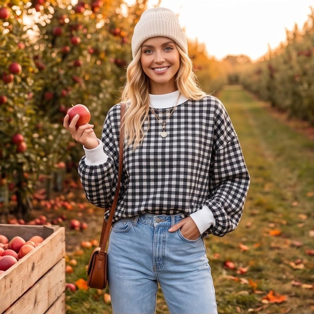 Women's Casual Long Sleeve Plaid Pullover Top for Everyday Wear