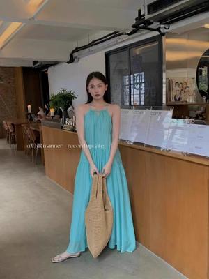 French Hollow Suspender Dress Women's Summer Seaside Vacation Wind Beach Skirt Pleated Lazy Relaxation Long Skirt