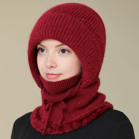 Gestrickte Wollmütze mit Schnürung zur Anpassung, Samtfutter, Gesichts- und Nackenschutz, Reitkopfbedeckung, Winterwärmemütze