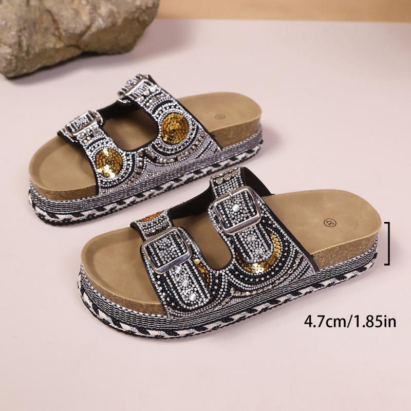 Ins New Thick-soled Hemp Rope Metal Buckle Rhinestone Cork Beach Slippers Large Size Shoes