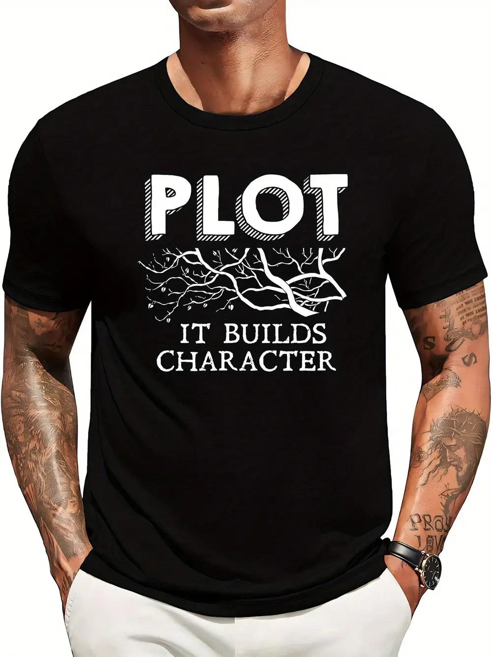 

Casual Crew Neck T-shirt with PLOT IT BUILDS CHARACTER Print - Short Sleeve XXXL
