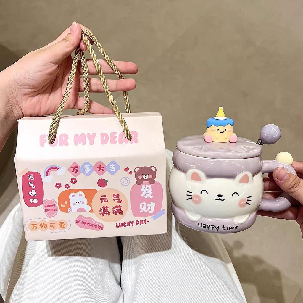 Cute Ceramic Mug With Lid Spoon Household Drinking Cup Couple Breakfast Coffee Cup Birthday Gift For Girls
