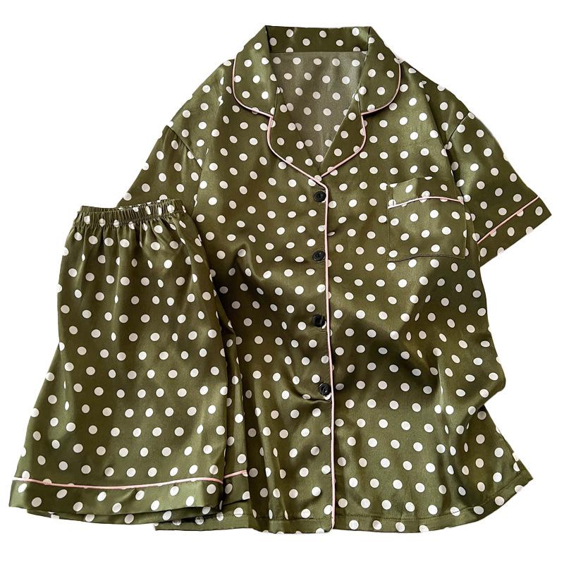 Mori Color Matching Small Dot Ice Silk Pajamas Women'S Summer Short-Sleeved High-End Loungewear Set