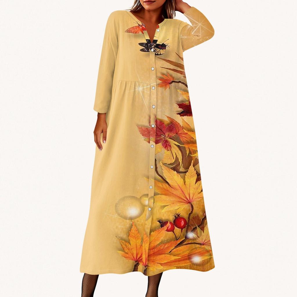 Women's Fashionable Printed Round Neck Seven Quarter Sleeve Button Loose Shirt Dress