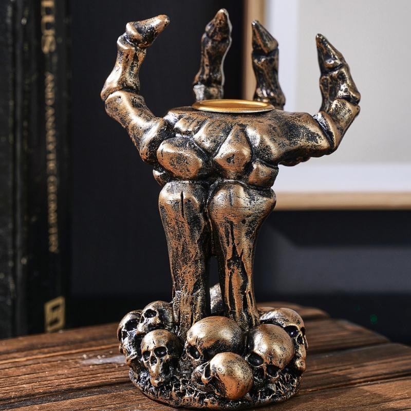 Resin Skeleton Hand Decors Candle Holders, Gothic Accent Rings, Bracelets, Necklace Stand for Halloween Centerpieces, Shelves, and Mantels Displays
