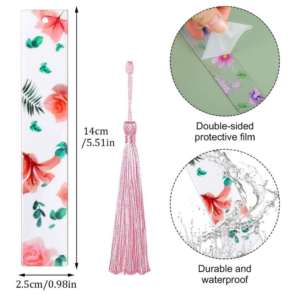 10Pcs/Set Transparent Floral Acrylic Bookmark With Tassels Reading Book Clip  Study/Library