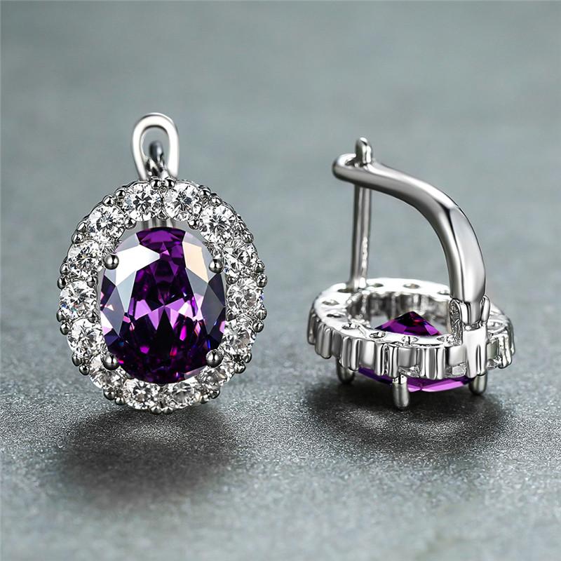 Luxury Crystal Purple Oval Stone Earrings Multicolor Zircon Small Hoop Earrings Classic Silver Color Wedding Earrings For Women