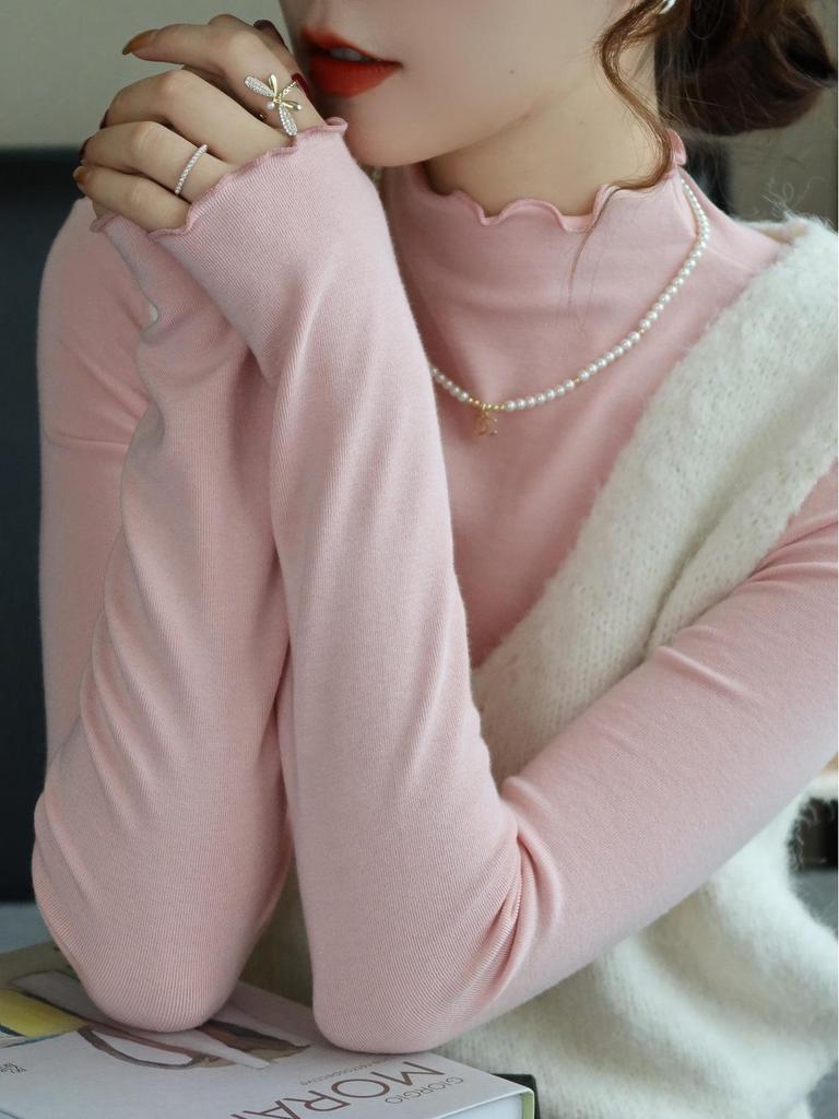 Women's Autumn/Winter 2024 Slim Fit High-Neck Purple Wood Ear Trim Top