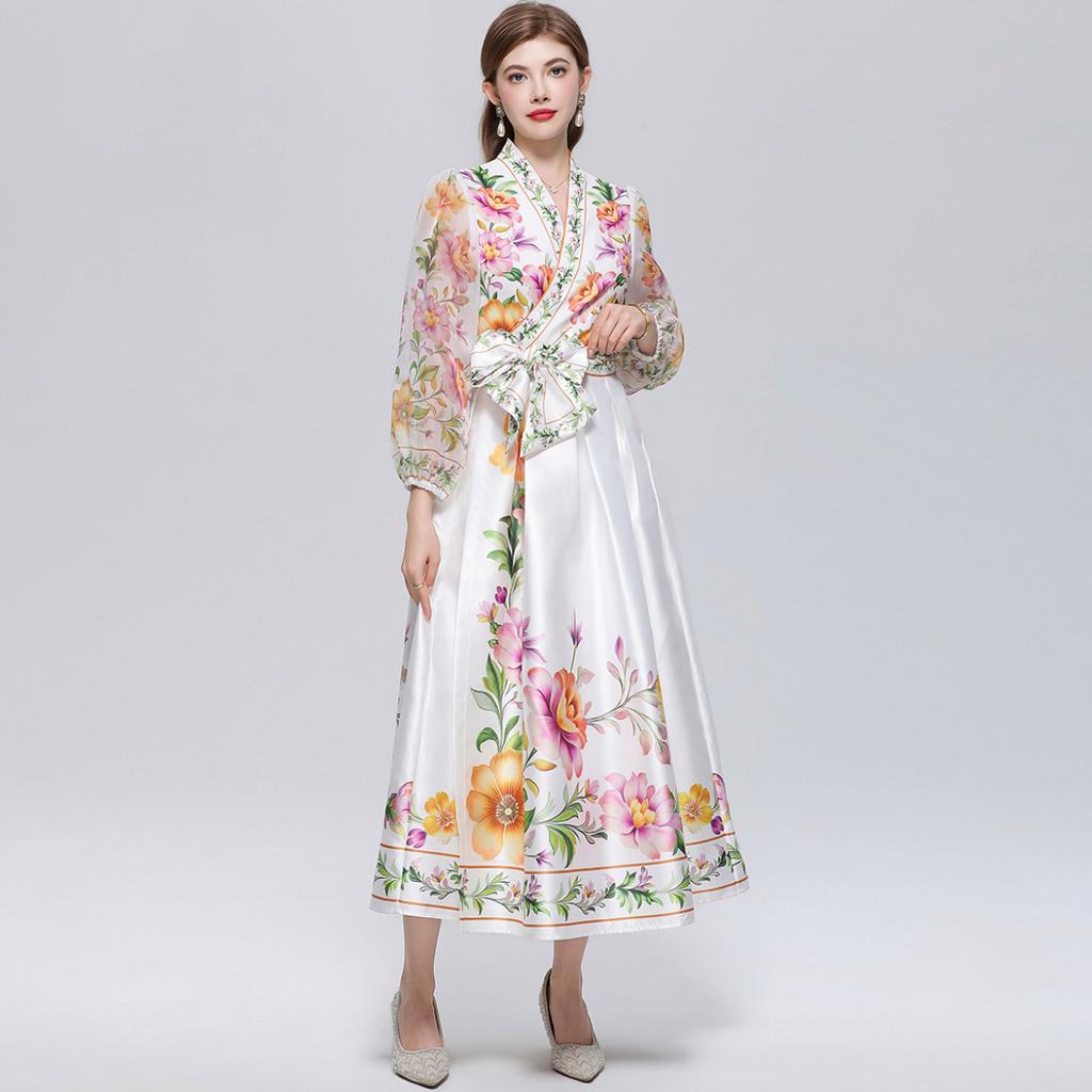 Wunderschönes Blumenwickel-Langarmkleid Damen V-Ausschnitt Laternenärmel Chiffon-Patchwork Dickes Satin-Band-Schnürgürtel Partykleid