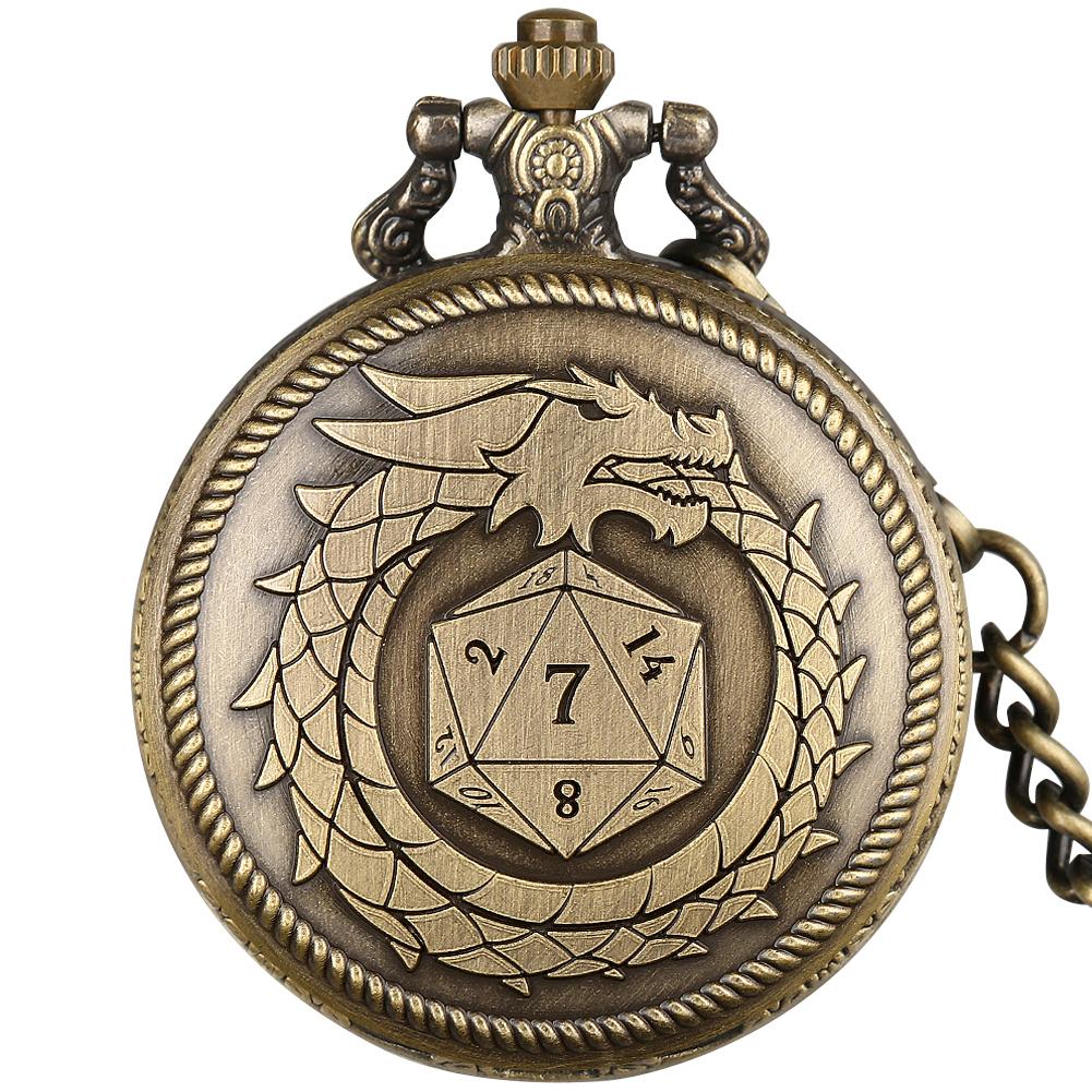 Vintage Punk Drachen Würfel Muster Quarz Taschenuhr Retro Bronze Anhänger Kette Halskette Uhr Zifferblatt mit Arabischen Ziffern Zeitanzeiger