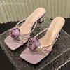 Flower Women High Heels Slippers Pearl Party Sandals Sexy Heeled Shoes 2025 New Elegant Summer Slingback Woman Square Toe Pumps