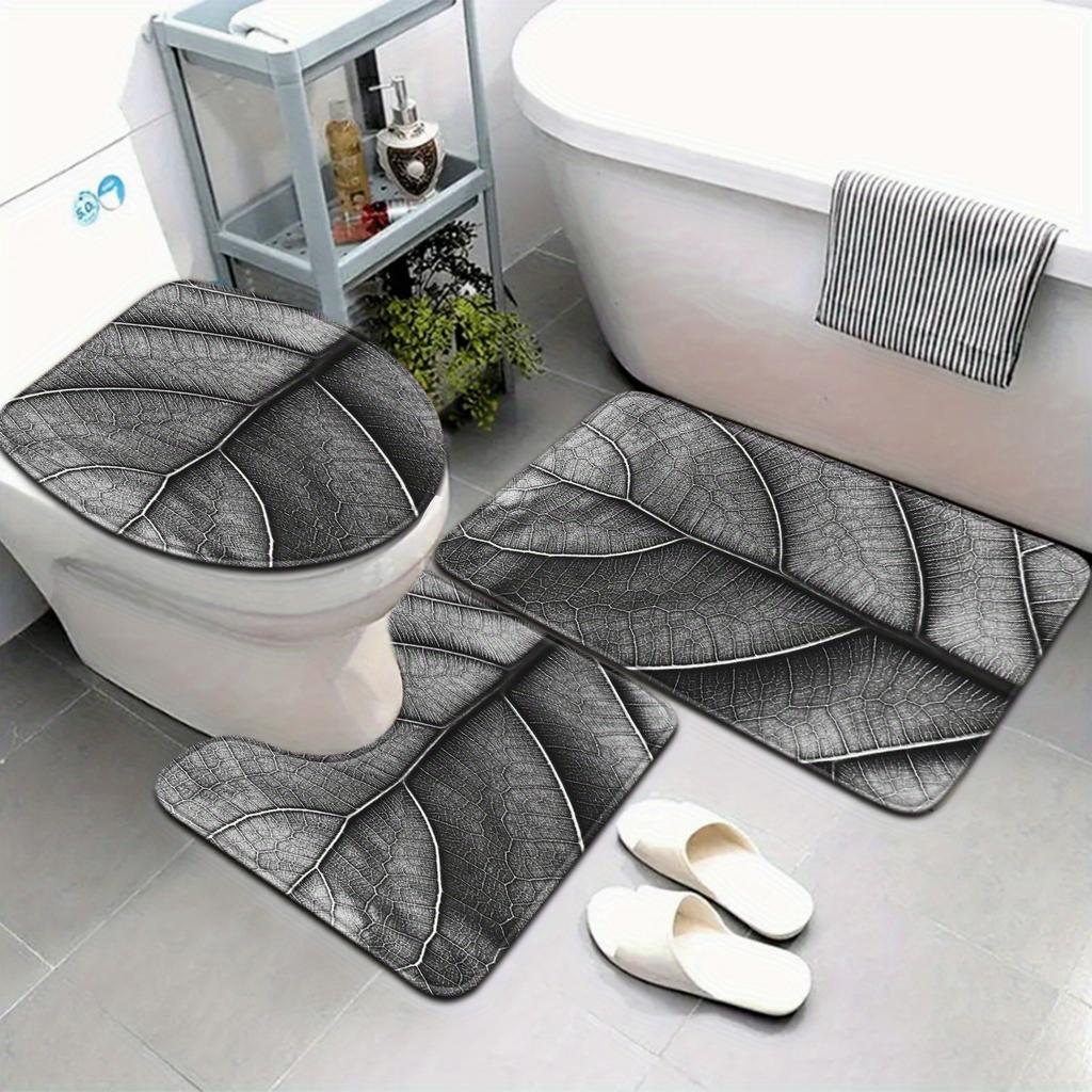 Nordic Gray Leaf Texture Bathroom Floor Mat Set 3pcs Non-Slip Absorbent Toilet Lid Cover U-Shaped Rug and Decorative Bath Mat