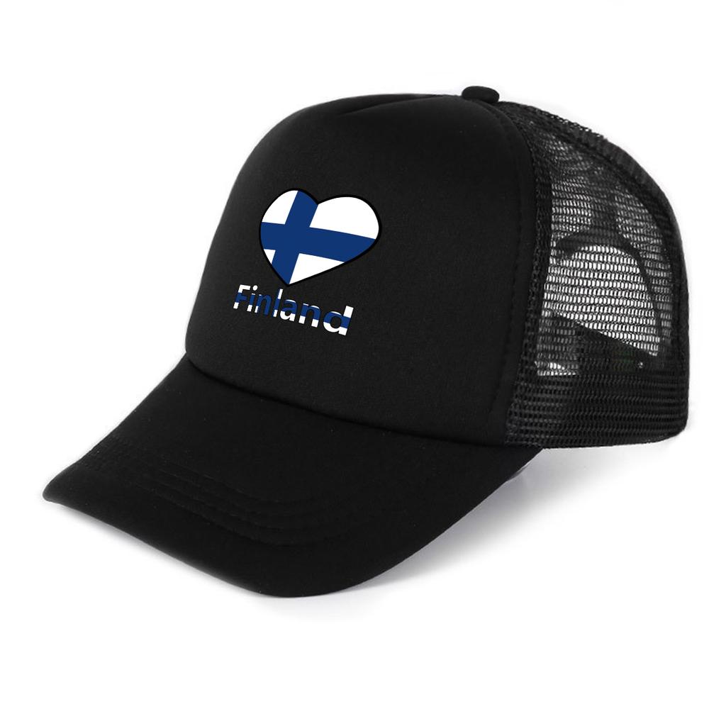 Finland Flag Heart Printed Mesh Cap Adjustable Distressed Snapback Dad Hat Unisex for Street Wear Camping Mountaineering