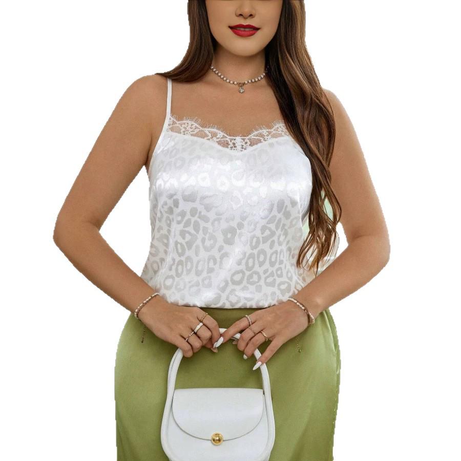 Plus Size Leopard Jacquard Lace Camisole with Thin Straps - European & American Style