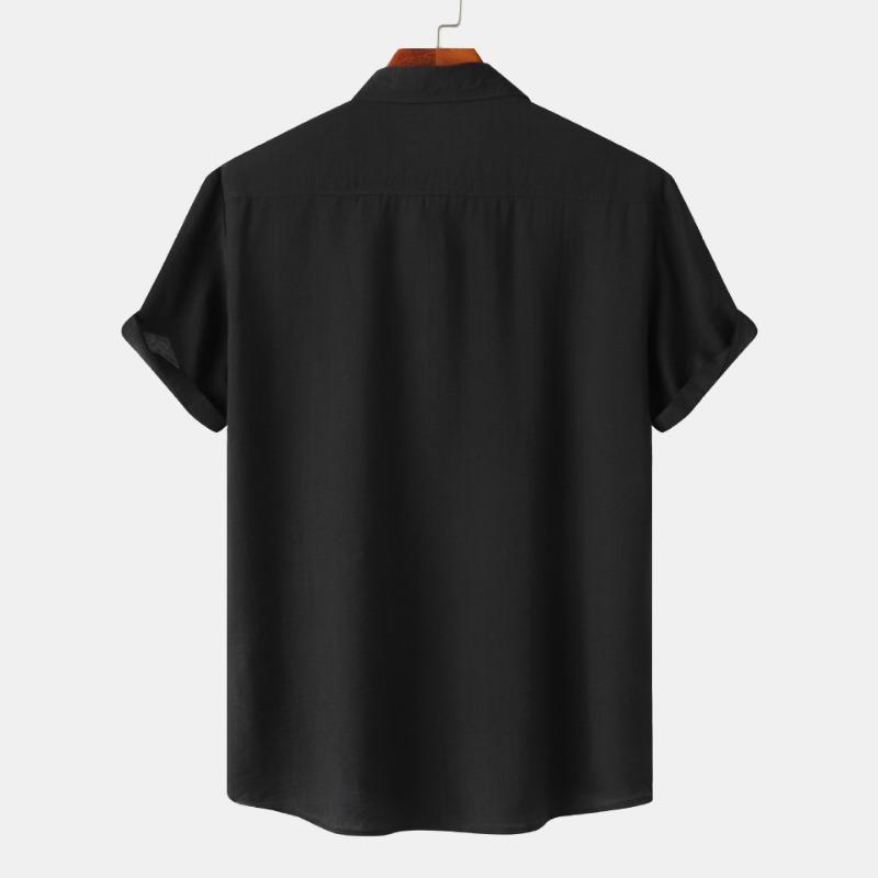 Men Solid Color Linen Short Sleeve Shirt Loose Casual Summer Button Up Top