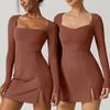 Womens Square Neck Bodice Dress Long Sleeve Side Slit Flare Mini Dresses