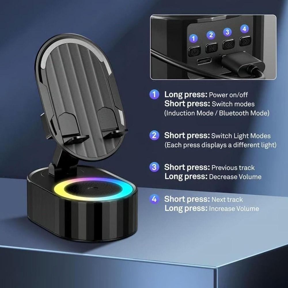 360° Rotating Induction Speaker Phone Stand Reverse Charging Foldable Wireless Bluetooth Speaker with Atmosphere Light