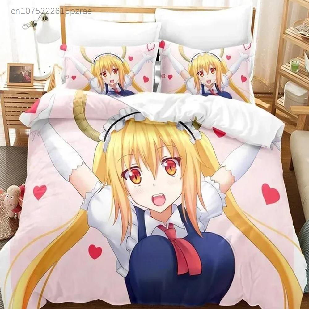 3D Kawaii Girl Miss Kobayashi's Dragon Maid Bedding Set Anime three-piece Set Adult Kid Bedroom Duvet Cover Sets Home Textiles