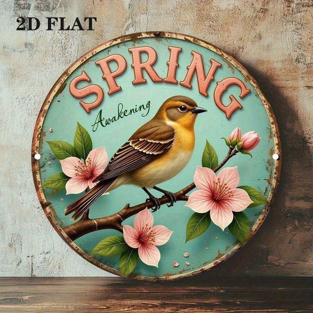 Vintage Sakura Metal Wall Art Round Sign Decor for Cafe