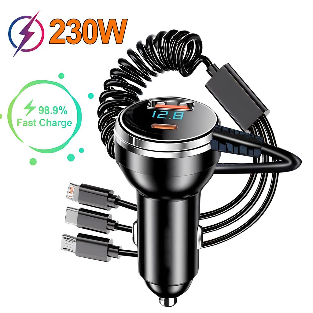 PD QC3.0 230W Car Charger - 5-Port USB C Type C Adapter | Fast Charge In-Car Phone Charger for iPhone Samsung Huawei Xiaomi