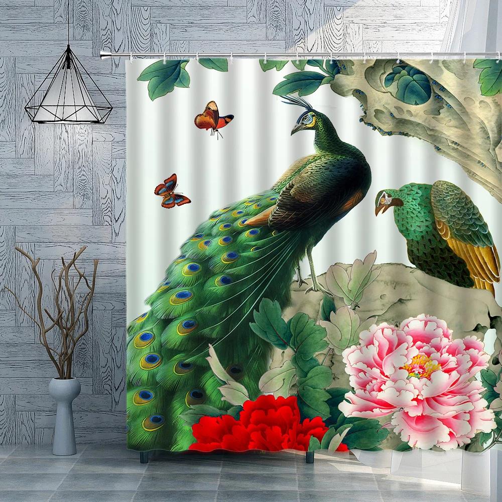 Peacocks Flower Shower Curtain Classical Oil Painting Scenery Peony Flower Birds Bathroom Curtain Bathroom Accessories Set Hooks