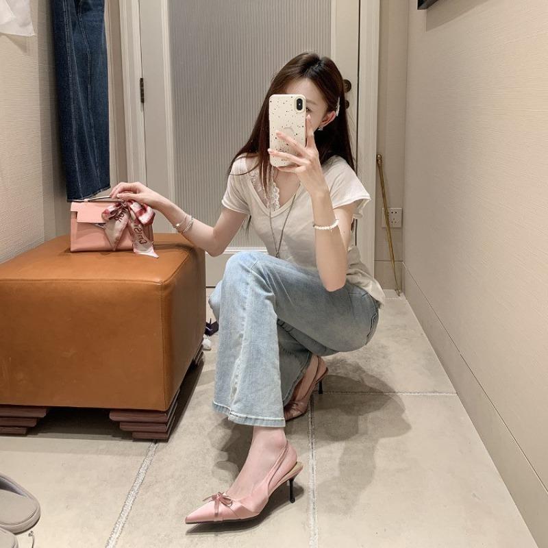Sheepskin Version~ Baotou Sandals Women's Legs Length 7cm Thin Heels Bow High Heels Pointed Empty Single Shoes