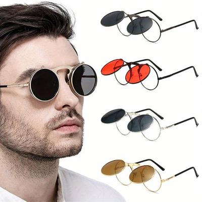 Steampunk Flip Up Men Sunglasses Vintage Men Round Metal Flip Double Lens Sun Glasses Non Polarized Glasses