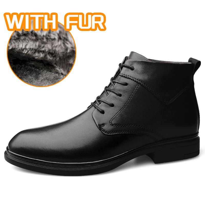 Fashion Handmade Mens Winter Plush Snow Boots Genuine Leather Ankle Boots for Men Leisure Walk Motocross Boots Versatile Walking Botas