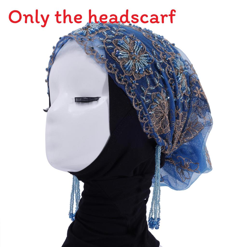 

Полиэстеровый бохо-платок на голову с цветочной вышивкой и кисточками для летнего и осеннего ношения синий