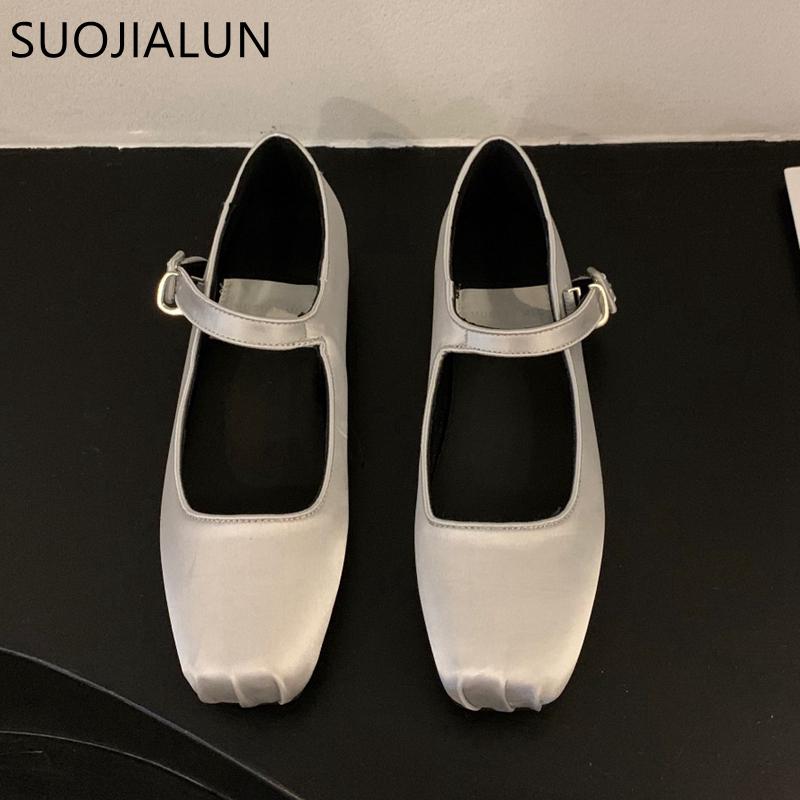Fashion SUOJIALUN 2025 Spring New Women Flat Shoes Fashion Silk Square Toe Shallow Ladies Ballet Shoes Soft Casual Flat Mary Jane Shoes