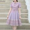 Women Summer Doll Collar Casual Short Sleeve Print Dress